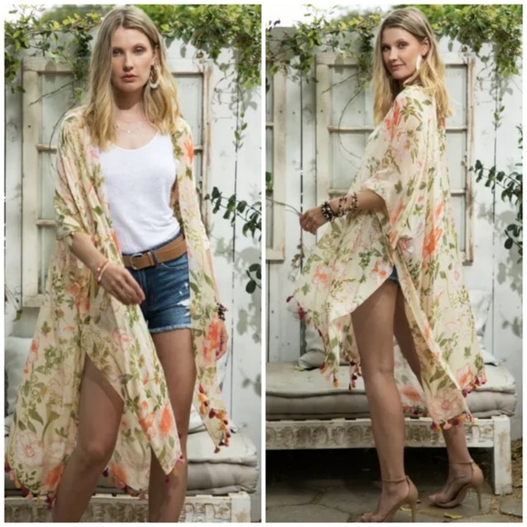SOLD OUT Poets Garden Floral Tassel Boho Kimono Wrap - Picture 7 of 8